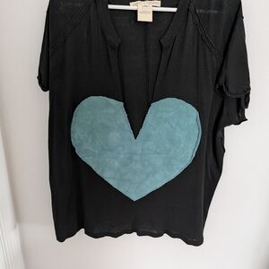 Free People Black Short-Sleeve Tee with Teal Heart Appliqué